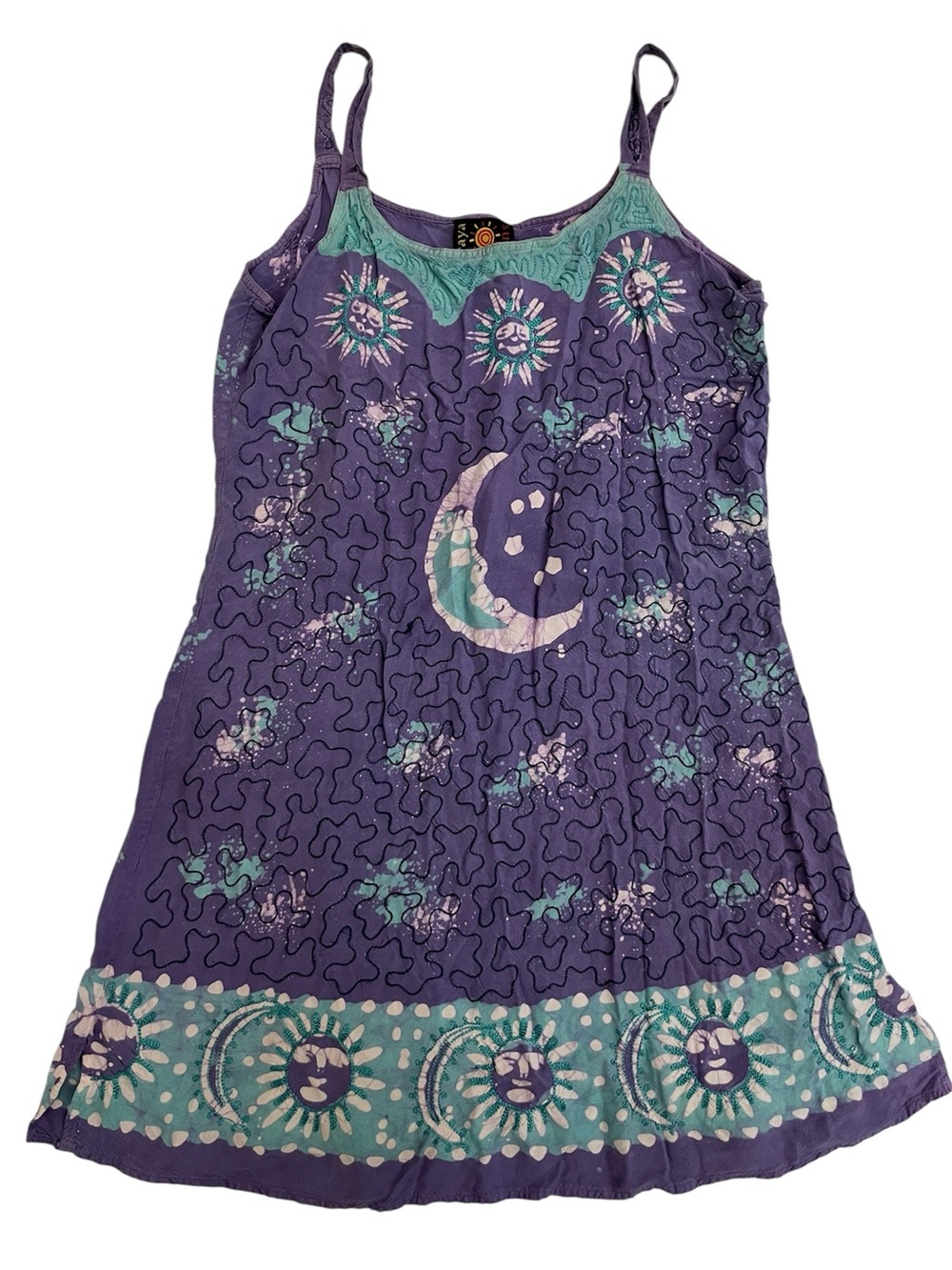 Y2K vintage raya sun Purple Moon & Sun Mini Dress with Teal Accents